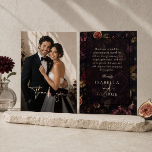 Carte De Remerciements Photo de mariage botanique floral bordeaux lunatiq