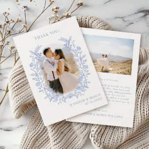 Carte De Remerciements Photo de mariage classique Bohème Bleu
