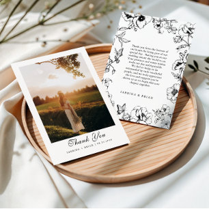 Carte De Remerciements Photo de mariage de jardin floral noir et blanc él
