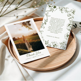 Carte De Remerciements Photo de mariage de jardin floral vert olive éléga