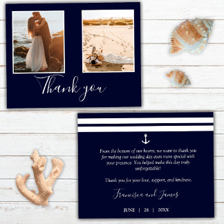 Carte De Remerciements Photo de mariage élégant à l'ancre nautique bleu m