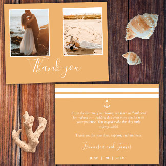 Carte De Remerciements Photo de mariage élégant à l'ancre nautique orange