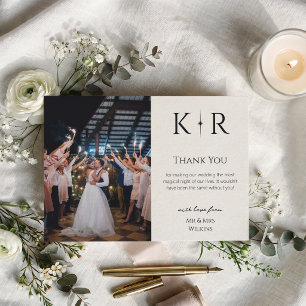 Carte De Remerciements Photo de mariage élégant avec monogramme Flare