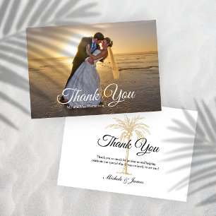 Carte De Remerciements Photo de mariage élégant avec palmier tropical dor