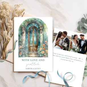 Carte De Remerciements Photo de mariage élégant dans un jardin botanique 