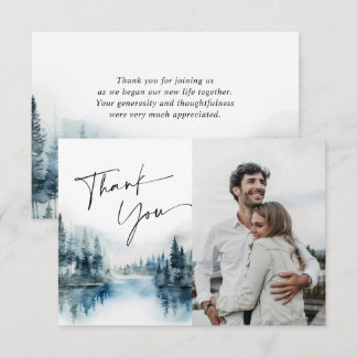 Carte De Remerciements Photo de mariage élégant forêt brumeuse aquarelle