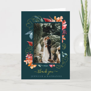 Carte De Remerciements Photo de mariage floral aquarelle sarcelle et roui