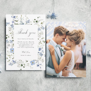 Carte De Remerciements Photo de mariage floral bleu blanc vert élégant
