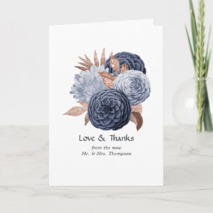 Carte De Remerciements Photo de mariage floral bleu poussiéreux et or ros