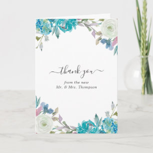 Carte De Remerciements Photo de mariage floral bleu poussiéreux et turquo