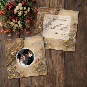 Carte De Remerciements Photo de mariage floral bohème en bois rustique