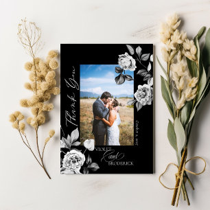 Carte De Remerciements Photo de mariage floral élégant en noir et blanc