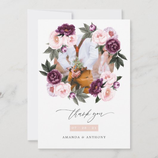 Carte De Remerciements Photo de mariage floral en velours profond et rose (Devant)