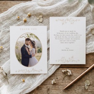 Carte De Remerciements Photo de mariage floral français beige vintage