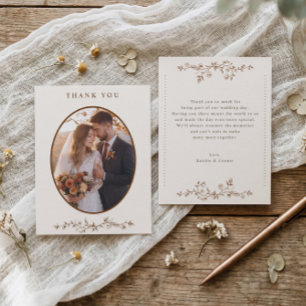Carte De Remerciements Photo de mariage floral français marron et crème v