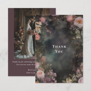 Carte De Remerciements Photo de mariage floral romantique sombre et mauss