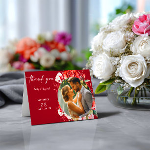 Carte De Remerciements Photo de mariage floral Terracotta Bourgogne Rosé