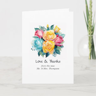 Carte De Remerciements Photo de mariage floral turquoise, jaune et rose