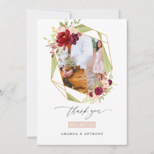 Carte De Remerciements Photo de mariage géométrique Bourgogne et Blush
