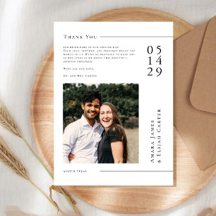 Carte De Remerciements Photo de mariage minimaliste noir et blanc moderne