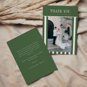 Carte De Remerciements Photo de mariage moderne aux rayures vert olive