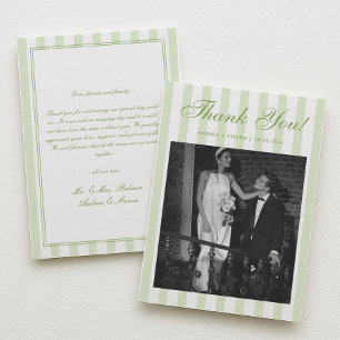 Carte De Remerciements Photo de mariage rétro blanc et vert rayé 