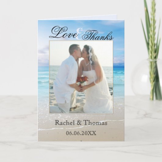 Carte de remerciements photo de mariage sur la pla (Devant)