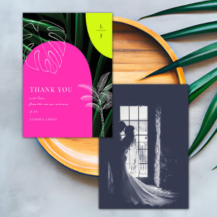 Carte De Remerciements Photo de mariage tropical avec arches néon Monogra