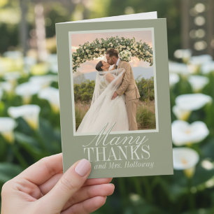 Carte De Remerciements Photo de mariage vert sauge écriture moderne
