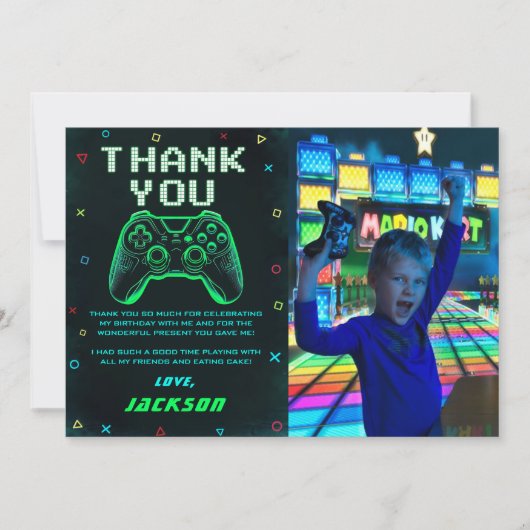 Carte De Remerciements Photo de naissance avec jeu vidéo d'arcade vert né (Devant)