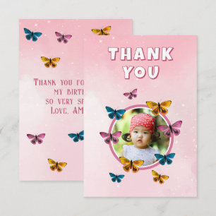 Carte De Remerciements Photo de naissance avec motif de papillon rose mig