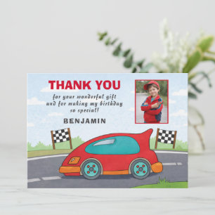 Carte De Remerciements Photo de naissance de voiture de course rouge mign