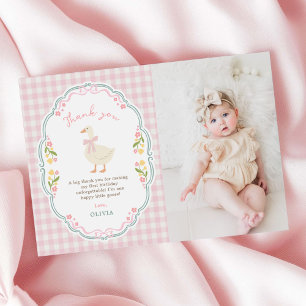 Carte De Remerciements Photo de naissance fleuri à carreaux Silly Goose