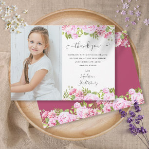Carte De Remerciements Photo de première communion à l'aquarelle de rose