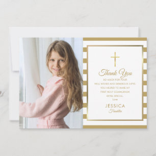Carte De Remerciements Photo de première communion à rayure dorée