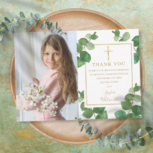 Carte De Remerciements Photo de première communion avec verdure d'eucalyp