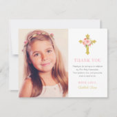 Carte De Remerciements Photo de première communion élégante en rose et or (Devant)