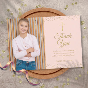 Carte De Remerciements Photo de première communion en rose poudré et pous