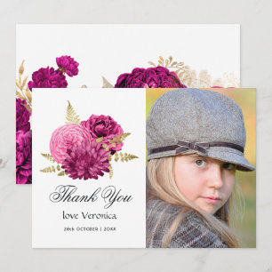 Carte De Remerciements Photo de Quinceañera florale rose chaud et or