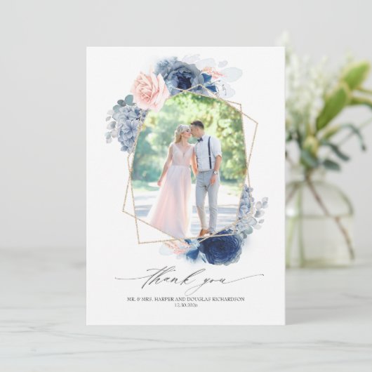 Carte De Remerciements Photo de remerciement de mariage floral bleu pouss (Debout devant)