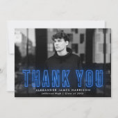 Carte De Remerciements Photo de remise de diplôme au néon bleu moderne (Devant)