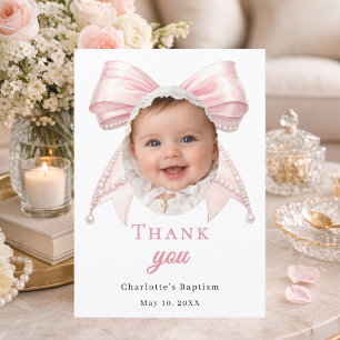 Carte De Remerciements Photo de ruban rose pour baptême avec perles pour