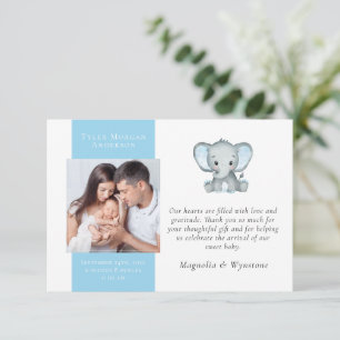 Carte De Remerciements Photo d'éléphant bleu Nouveau bébé