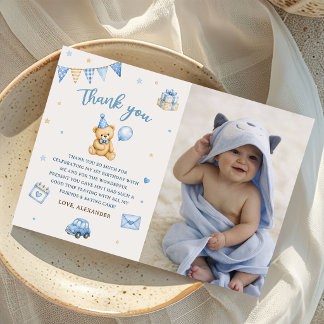 Carte De Remerciements Photo d'ours de 1er anniversaire avec ballon bleu