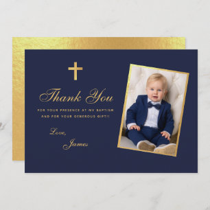 Carte De Remerciements Photo du garçon Baptême Faux Gold Foil Marine Scri