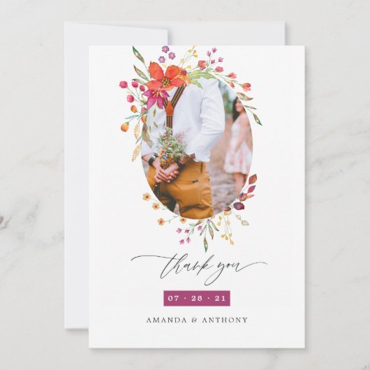 Carte De Remerciements Photo du Mariage Fleur sauvage d'Aquarelle (Devant)