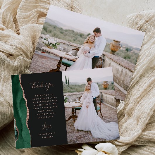 Carte De Remerciements Photo Emerald Green Agate Rose Gold Script Mariage