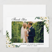 Carte De Remerciements Photo florale blanche verte de mariage d'aquarelle (Devant / Derrière)