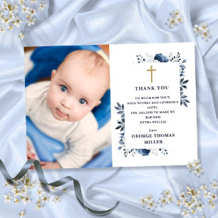 Carte De Remerciements Photo florale bleu marine Baptême Christening