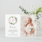 Carte De Remerciements Photo florale de baptême d'aquarelle de verdure et (Debout devant)